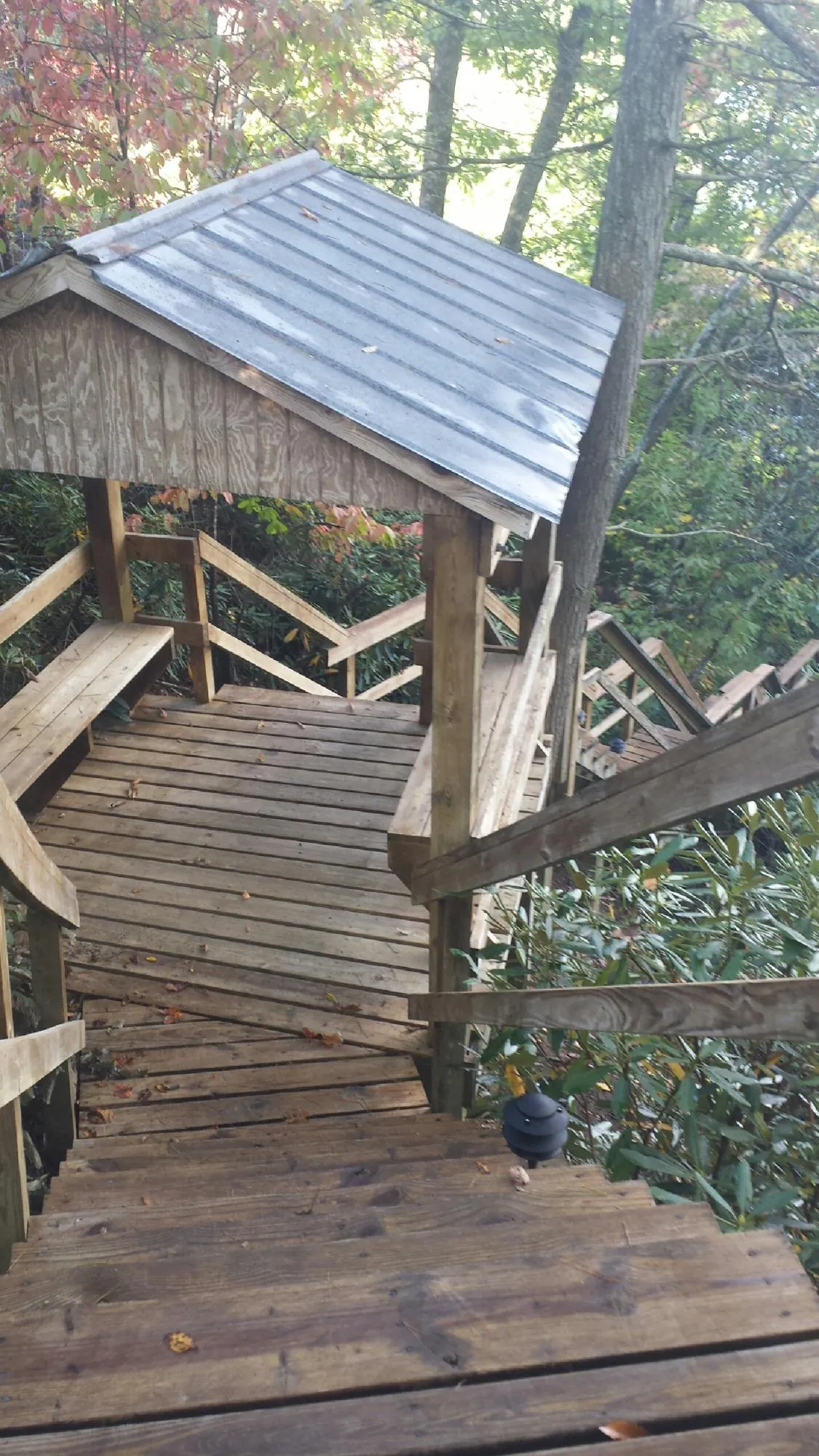 Metal roofed shelter over wooden steps on a wooded walkway — Skylight Repair & Installation work by our crew in Bond